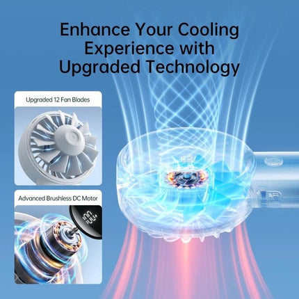 JisuLife Life4 Rechargeable Handheld Fan for Daily Cooling showing upgraded 12-blade design and advanced brushless DC motor illustration