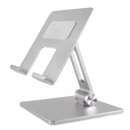 Desktop Adjustable Folding Stand for Tablets and Phones displaying silver adjustable desktop angle and height with double-axis hinge