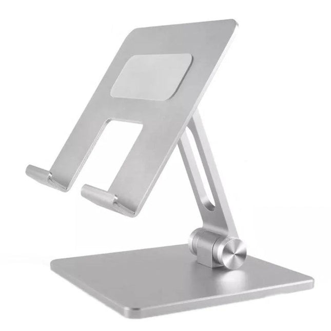Desktop Adjustable Folding Stand for Tablets and Phones displaying silver adjustable desktop angle and height with double-axis hinge