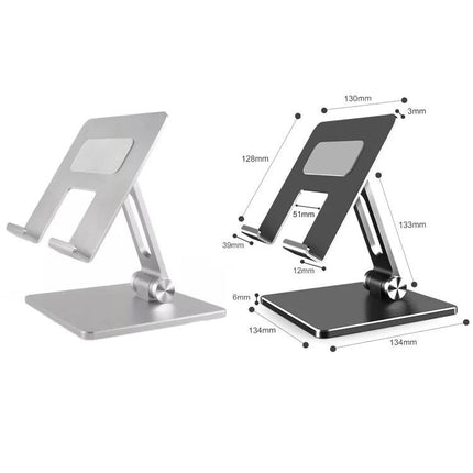 Desktop Adjustable Folding Stand for Tablets and Phones – silver metal desktop stand with double-axis hinge showing measurements and adjustable angles