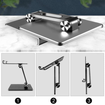 Desktop Adjustable Folding Stand for Tablets and Phones on desk showing adjustable double-axis angles and height for phones and tablets