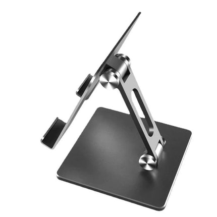 Desktop Adjustable Folding Stand for Tablets and Phones on desk showing adjustable double-axis metal design for angled tablet and phone viewing