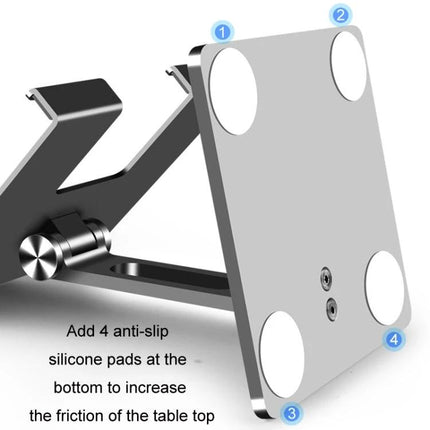 Desktop Adjustable Folding Stand for Tablets and Phones showing metal hinge, adjustable double-axis arm and anti-slip silicone pads