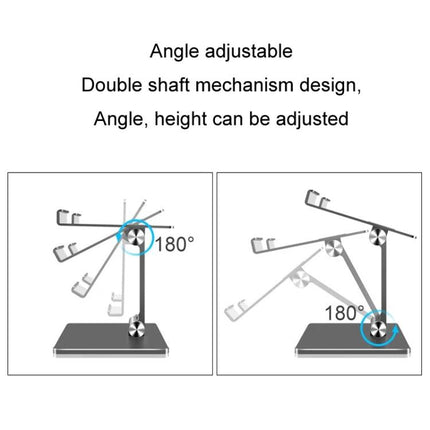 Desktop Adjustable Folding Stand for Tablets and Phones showing double-axis 180° angle and height adjustments on desktop