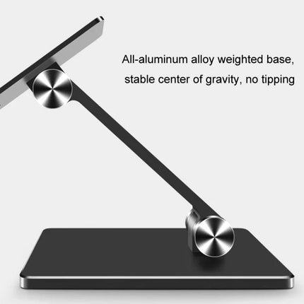 Desktop Adjustable Folding Stand for Tablets and Phones with all-aluminum weighted base and double-axis adjustable arm for stable, no-tipping desktop use