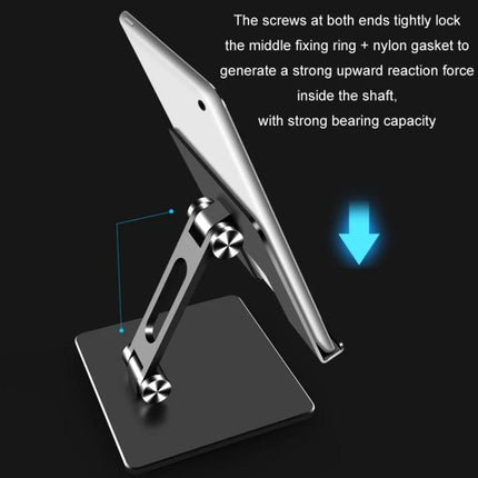 Desktop Adjustable Folding Stand for Tablets and Phones showing metal double-axis hinge, weighted base and adjustable angle for tablets and phones
