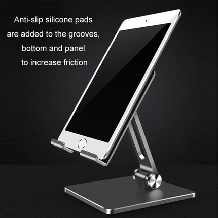 Desktop Adjustable Folding Stand for Tablets and Phones showing tablet on adjustable double-axis metal stand with anti-slip silicone pads