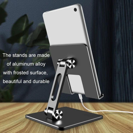 Desktop Adjustable Folding Stand for Tablets and Phones holding a tablet at adjustable angle on desk, aluminum alloy double-axis design