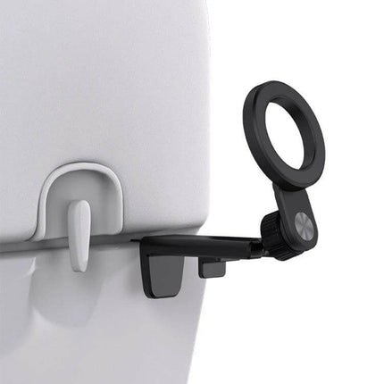 Desktop Magnetic Phone Holder for Live Streams and Video Calls attached to car headrest hook showing adjustable magnetic ring mount