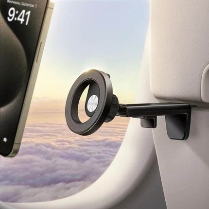 Desktop Magnetic Phone Holder for Live Streams and Video Calls mounted on a car/plane headrest arm for hands-free video calls and livestreams