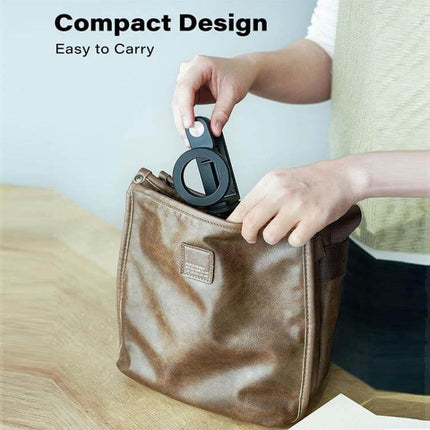 Desktop Magnetic Phone Holder for Live Streams and Video Calls — compact foldable design shown being slipped into a handbag for portable hands-free streaming