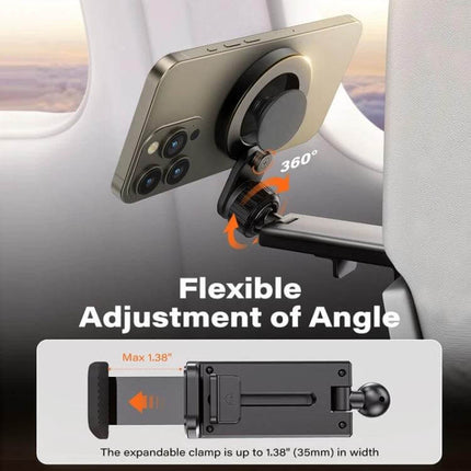 Desktop Magnetic Phone Holder for Live Streams and Video Calls mounted on a desk arm showing 360° adjustable angle and expandable clamp for hands-free viewing