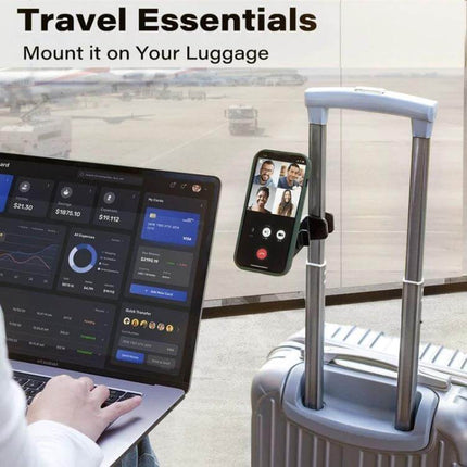 Desktop Magnetic Phone Holder for Live Streams and Video Calls mounted on luggage handle for hands-free video calls and streaming