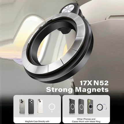 Desktop Magnetic Phone Holder for Live Streams and Video Calls showing 17X N52 strong magnets with MagSafe and ring compatibility for desks and bedside