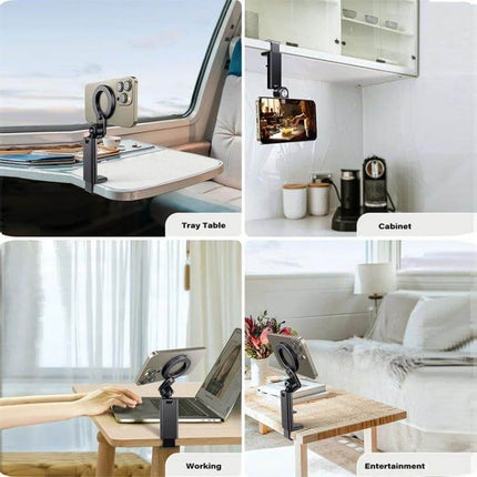 Desktop Magnetic Phone Holder for Live Streams and Video Calls mounted on desk, cabinet and tray for hands-free livestreams and video calls