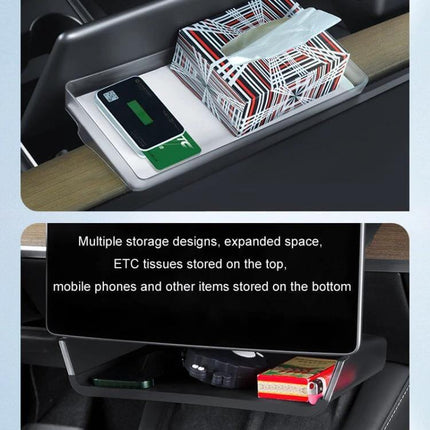 Tesla Model Y Screen Storage Box Translucent White And Black installed under touchscreen holding tissues phone and small items