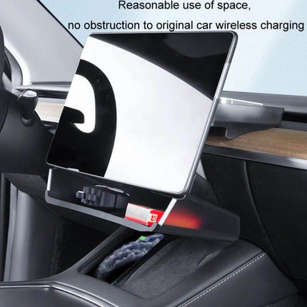 Tesla Model Y Screen Storage Box Translucent White And Black installed under touchscreen holding tablet, preserves wireless charging and adds quiet silicone-cushioned storage