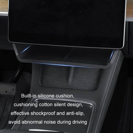 Tesla Model Y Screen Storage Box Translucent White And Black installed under central touchscreen, translucent white and black organizer with silicone cushion
