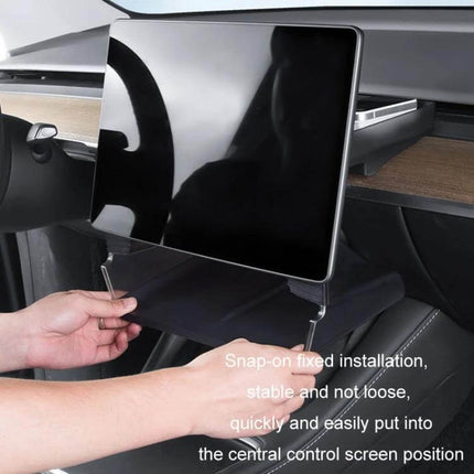 Tesla Model Y Screen Storage Box Translucent White And Black installed under central touchscreen, translucent white and black organizer with silicone cushion