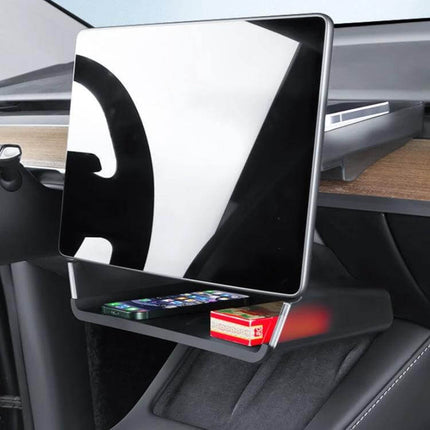 Tesla Model Y Screen Storage Box Translucent White And Black installed under touchscreen holding phone and small items with silicone cushion