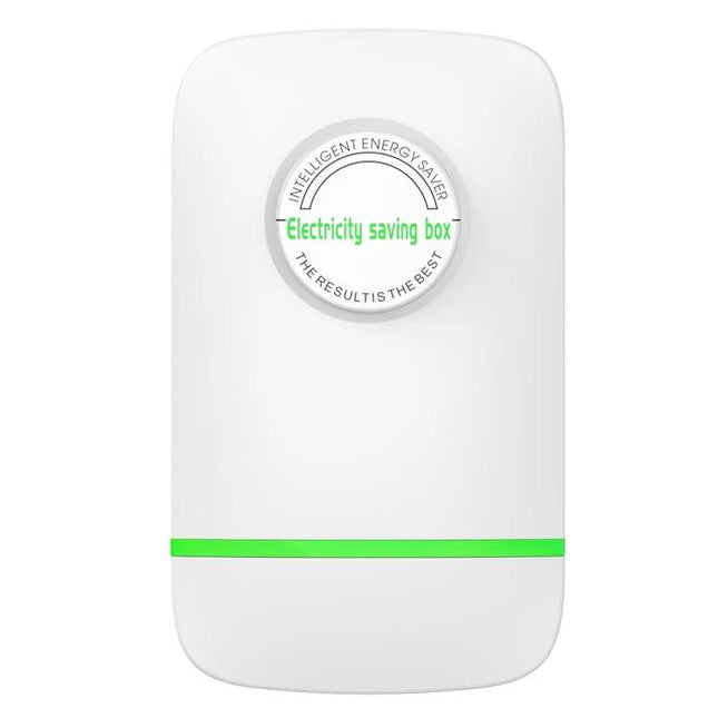 Efficient Portable Energy Saver for Home Electricity Management white plug-in device with green LED for stabilizing voltage