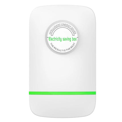 Efficient Portable Energy Saver for Home Electricity Management white plug-in device with green LED and label for appliances