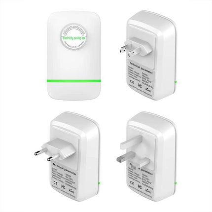 Efficient Portable Energy Saver for Home Electricity Management white plug-in device shown from multiple angles for stabilizing household voltage