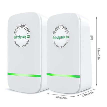 Efficient Portable Energy Saver for Home Electricity Management white plug-in device showing two units with green indicator for household appliances