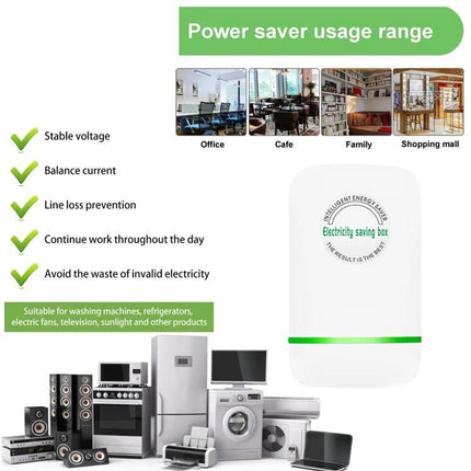 Efficient Portable Energy Saver for Home Electricity Management white device with appliances and usage range icons