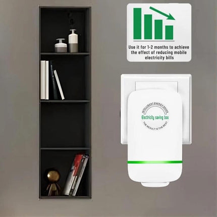 Efficient Portable Energy Saver for Home Electricity Management plugged into a wall socket next to shelving, showing use for home appliances and bill reduction