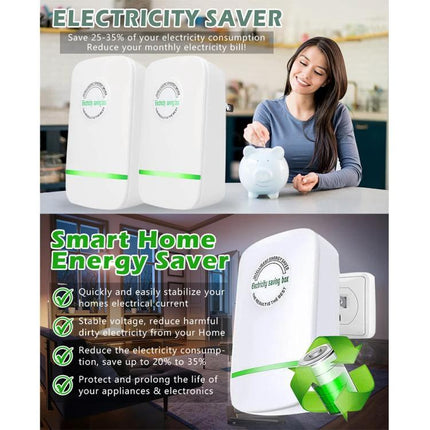 Efficient Portable Energy Saver for Home Electricity Management white plug-in device with woman saving money and appliance icons