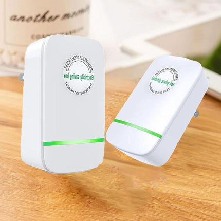 Efficient Portable Energy Saver for Home Electricity Management compact white plug-in device on wooden table monitoring and stabilizing voltage
