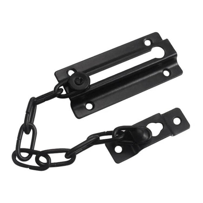 Stainless Steel Anti-Theft Door Chain for Home Security installed on a door, close-up of chain and mounting plates