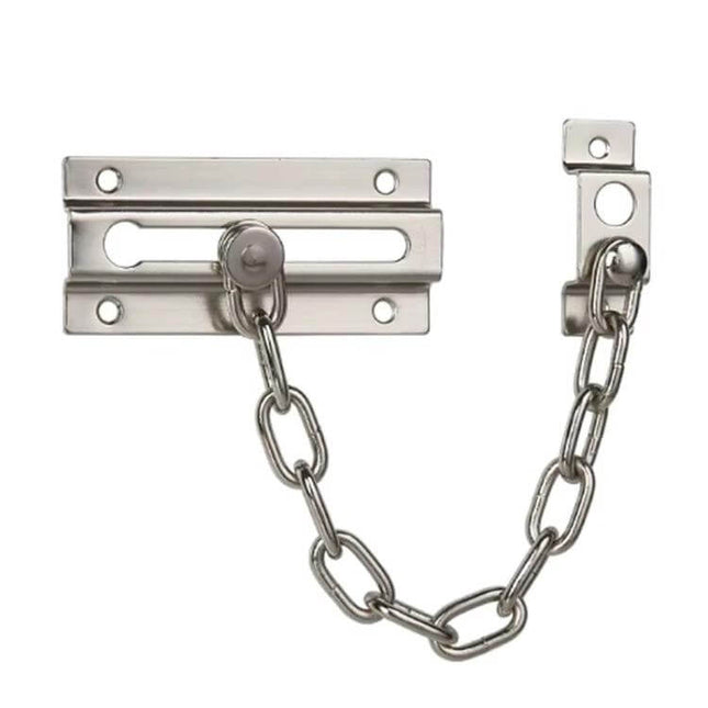 Stainless Steel Anti-Theft Door Chain for Home Security installed on door showing chain limiting opening