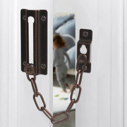 Stainless Steel Anti-Theft Door Chain for Home Security shown installed on a white door limiting opening with child visible inside
