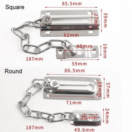 Stainless Steel Anti-Theft Door Chain for Home Security showing square and round chain types with measurements for installation