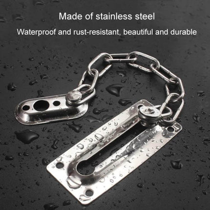 Stainless Steel Anti-Theft Door Chain for Home Security shown installed on wet surface, rust-resistant chain and plate
