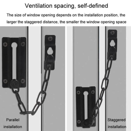 Stainless Steel Anti-Theft Door Chain for Home Security showing parallel and staggered installation options for ventilation spacing