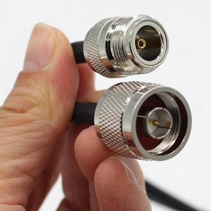 Flexible WiFi and Radio Signal Extension Cable for Antennas - close-up of flexible RF coaxial cable with N-type connectors held between fingers