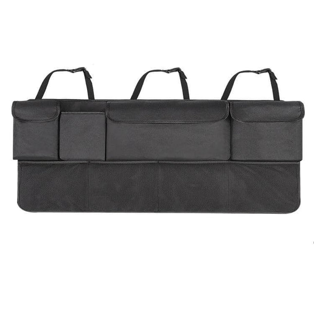 Rear Seat Widening Organizing Bag for Cars and SUVs black 600D Oxford fabric trunk organizer with 8 pockets, 90×50×9 cm for strollers and suitcases