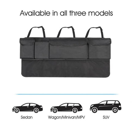 Rear Seat Widening Organizing Bag for Cars and SUVs – 600D Oxford black organizer with 8 pockets, expands rear space for strollers and suitcases
