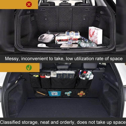 Rear Seat Widening Organizing Bag for Cars and SUVs installed in trunk expanding rear space with 8 pockets holding bottles, toys, maps and groceries