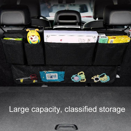 Rear Seat Widening Organizing Bag for Cars and SUVs installed on back of car seat showing 8-pocket storage for toys, books, groceries and stroller items