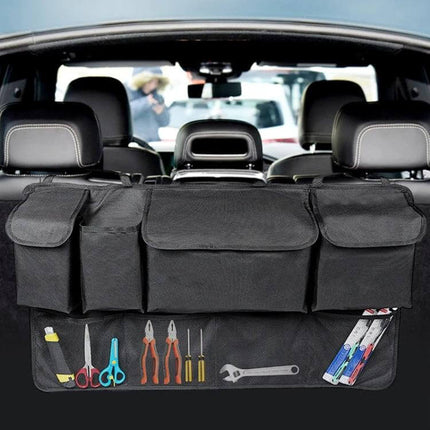 Rear Seat Widening Organizing Bag for Cars and SUVs hung on rear seat with 8 pockets holding tools, toys and travel items, 600D Oxford fabric, 90×50×9 cm