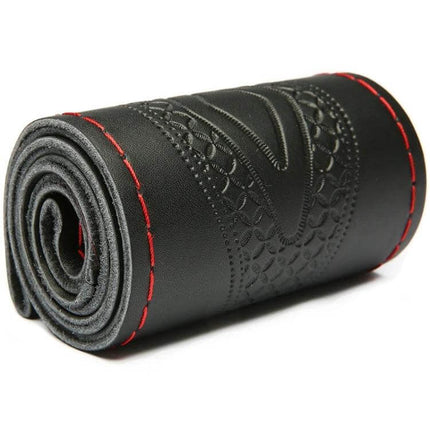 Cowhide Steering Wheel Cover 38cm for Everyday Driving - black breathable cowhide with red stitching, sweat-absorbent protective grip