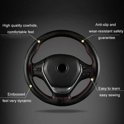 Cowhide Steering Wheel Cover 38cm for Everyday Driving - black breathable cowhide cover with anti-slip, sweat-absorbent finish and red stitching