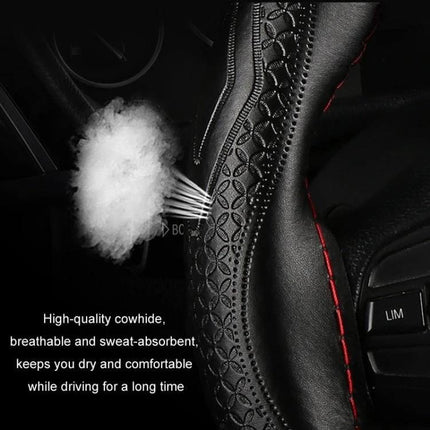 Cowhide Steering Wheel Cover 38cm for Everyday Driving - breathable high-quality cowhide, sweat-absorbent grip with red stitching, protects steering wheel