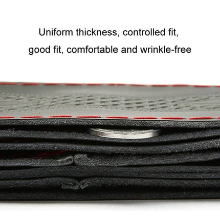 Cowhide Steering Wheel Cover 38cm for Everyday Driving - close-up of breathable perforated cowhide layers with red stitching showing uniform thickness and snug fit