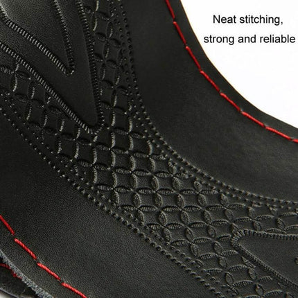 Cowhide Steering Wheel Cover 38cm for Everyday Driving - close-up breathable black cowhide texture with red stitching, sweat-absorbent grip