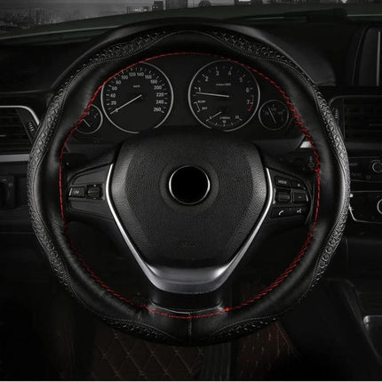 Cowhide Steering Wheel Cover 38cm for Everyday Driving black breathable cowhide steering wheel cover with red stitching